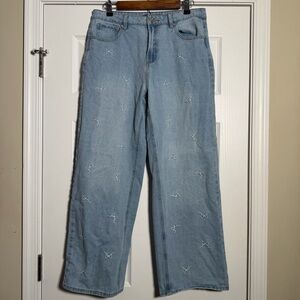 Girly Feminine Light Blue Bow Embroidered Women's Wide Leg Jeans